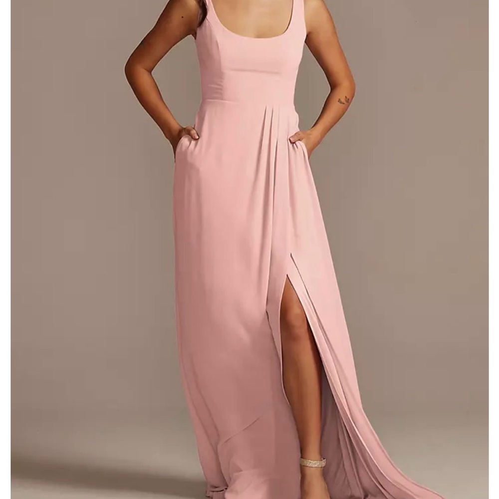 David's Bridal Blush Pink Scoop-Neck Maxi Dress with Side Slit
